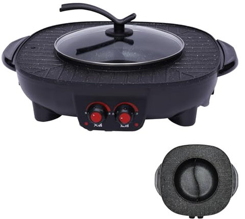 2-in-1 Hot Pot Elektrisch und Grill Elektrisch, Ø26cm Multifunktionaler Hotpot Topf mit Deckel, 2000W Korean BBQ Grill, Antihaft-Beschichtung, für 5-6 Personen, Schwarz