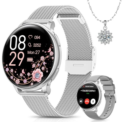Sanorum Smartwatch Damen, 1.27 HD Screen Armbanduhr mit Telefonfunktion 120+ Sport, Menstruationszyklus SpO2 Pulsuhr Schlafmonitor Schrittzähler Fitness Tracker Rund, IP68 iOS Android Silber
