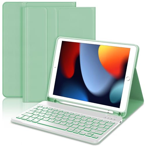 JADEMALL Für iPad 6. Generation Hülle mit Tastatur, Abnehmbare Bluetooth Tastatur mit 7-Farben Backlight für iPad 5./6. Gen, Pro 9.7, Air 1 & 2, QWERTZ Deutsch – Grasgrün