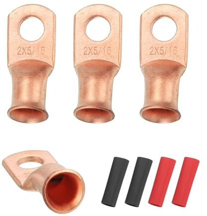 sourcing map 4pcs 2 AWG M8 Battery Lugs Ring Terminals, 5/16 8mm Gold | Stud Crimp Wire Terminal Connector End Copper, 2:1 Heat Shrink Tubing