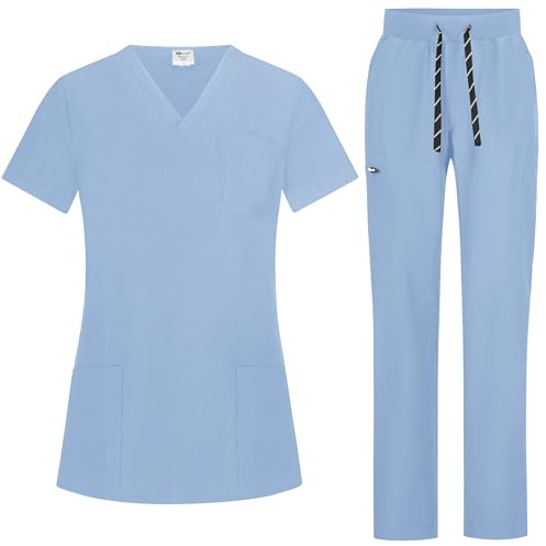 B-well Bella - Ensemble de blouses pour femmes - Tunique et pantalon à enfiler - Uniforme médicale - Blouse à manches longues avec boutons - Vêtement professionnel médical avec élasthanne, bleu clair