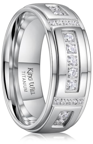 King Will Men's Titanium Wedding Band - 8mm Polished Band with Step Edges and Cross Design Featuring White Zirconia Insets Comfort Fit Size 10