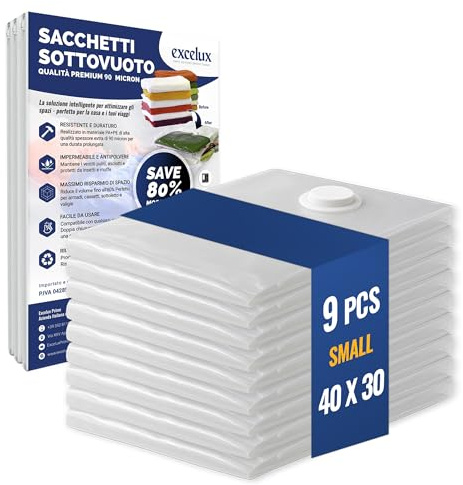Excelux 9 Sacchetti Sottovuoto Vestiti Piccoli 30X40 Extra Spesse 90µm – Sacchi Sottovuoto da Viaggio per Valigia – Buste Sottovuoto Per Zaino – Vacuum Bags Travel Small 40x30