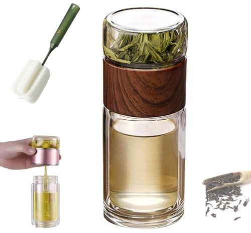 Glass Infuser, 3-in-1 Smart Tea Infuser, Double Layered Glass Water Separation Teacup, Portable Leak-Proof TeaInfuser with Filter & Lid for Loose Tea (Wood, 350ml)