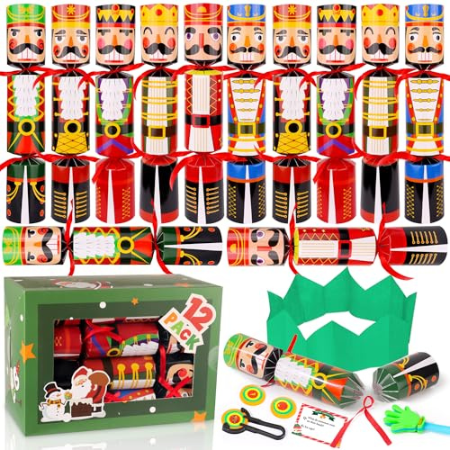 NAWITDA 12 Pack Christmas No-Snap Party Table Favors, Xmas Table Favor with Party Hat, Joke & Little Gift Inside, Christmas Seasonal Holiday Dinner Traditions Supplies for Kids and Adults