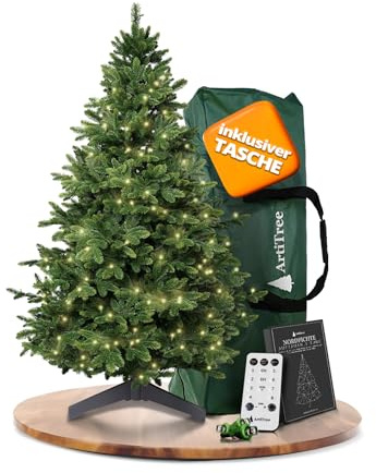ArtiTree Künstlicher Weihnachtsbaum 150 cm – 100 % Spritzguss Nordmanntanne mit LED | Premium Tannenbaum naturgetreu inkl. FSC-Holzständer & Aufbewahrungstasche