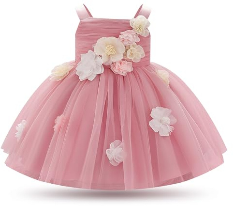 FYMNSI Flower Dress for Girls 1st 2nd Birthday Outfit Toddler Baby Wedding Guest 3D Flower Ruffle Tulle Tutu Dress Princess Pageant Formal Tea Party Bridesmaid Prom Gown Sundress Dusty Pink 2-3T