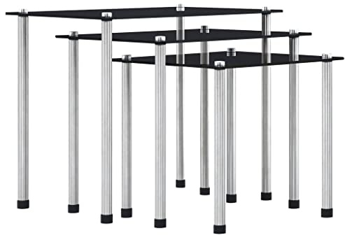 QUAHEAS Satztische 3er-Set, Schwarz Hartglas Couchtische, Moderne Beistelltische für Wohnzimmer, Schlafzimmer, Büro & Empfangsbereich