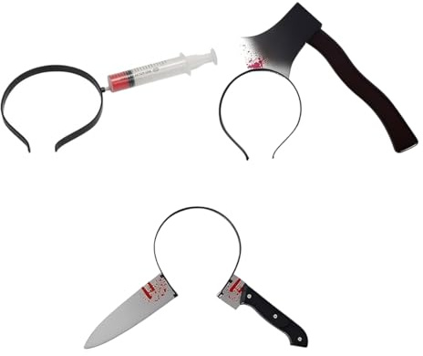 OIXYEY 3 accesorios terroríficos de Halloween: jeringa, diadema de terror, cuchillo de cocina, llave para disfraz de zombi, cuchillo de juguete, diadema de Halloween, cuchillo, hacha