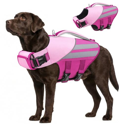 Queenmore XL Salvagente Cane Regolabile & Riflettente Giubbotto Salvataggio Con Alta Galleggiabilità Salvagente Cani Per Labrador, Golden Retriever, Levriero, Rosa, XL