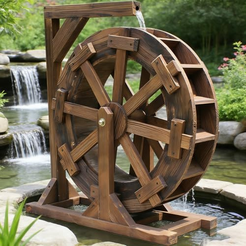 Gartenwasserradbrunnen, selbstdrehendes Wasserspiel aus Holz mit Halterung, Dekoration für Terrasse, Teich und Pool, Vintage-Zierbrunnen für die Wasserzirkulation im Pool(20cm)