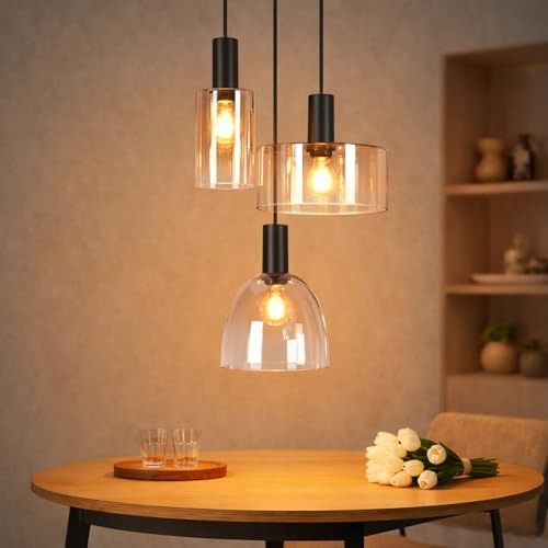 CBJKTX Hängelampe Esszimmer Hängelampe 3 Flammig Glas Hängeleuchte Vintage | Esszimmerlampe Hängend E27 Esstischlampe Retro Pendellampe Höhenverstellbar für Wohnzimmer Esstisch Küche(Ohne Lichtquelle)