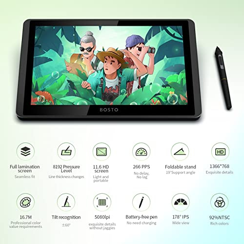 Yinhing BOSTO 12HD A H Tavoletta Grafica LCD da 11,6 Pollici Dimensioni 1366x768 Display Ad Alta Risoluzione 8192 Livelli di sensibilità Alla Pressione Tecnologia Passiva Funzione di Inclinazione