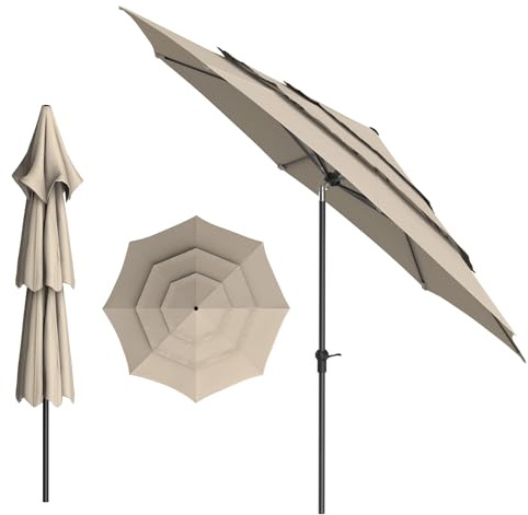 WoRaum Sonnenschirm Ø 300cm,3-stöckiger Sonnenschirm,Gartenschirm,Terrassenschirm mit Kurbel,Windfest,Stabil,Balkonschirm,Marktschirm für Balkon Strand,Terrasse (Braun)