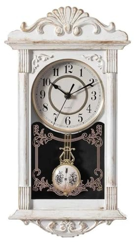 EMPOTEC Orologio da Parete a Muro Pendolo in Plastica Effetto Legno, Stile Vintage, per Soggiorno, Cucina o Sala da Pranzo, Finitura Anticata h40 cm (Bianco Antico)