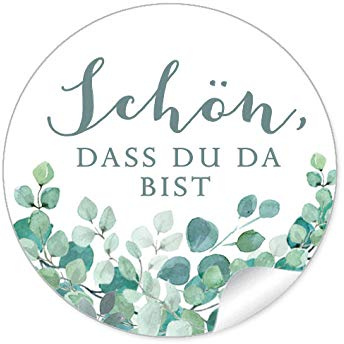 72 STICKER Hochzeit SCHÖN, DASS DU DA BIST • EUKALYPTUS ZWEIGE GRÜN MINT WEIß • Gastgeschenke Marmelade Hochzeitsmarmelade Tischdeko Selbstgemachtes u.v.m. • 4cm rund matt