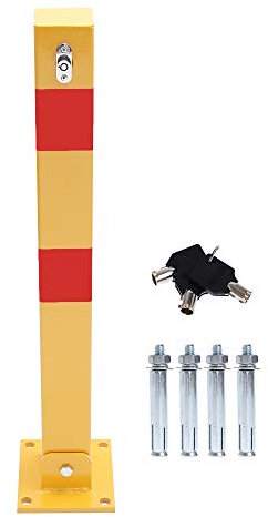 KATSU Car Parking Space Lock Bollard, Solid Steel High Visibility Yellow and Red Lockable Fold Down Car Parking Barrier Post, Private Car Park Driveway Guard Saver Blocker, Upper Lock, 70cm Height