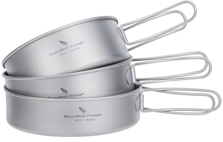 iBasingo Pure Titanium Camping Bowl Set 3 Pack Ultralight Cookware Ti2032C | 500/600/700ml Stackable Mess Bowls with Foldable Handle, Portable Outdoor Cooking Kit for Hill Walking Backpacking