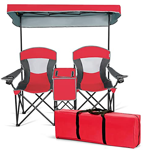 S AFSTAR Double Camping Chair with Canopy, 2-Person Folding Beach Chair with Mini Table, Beverage Cup Holder & Carrying Bag, Collapsible Camping Chairs for Garden Patio Pool Beach, Red