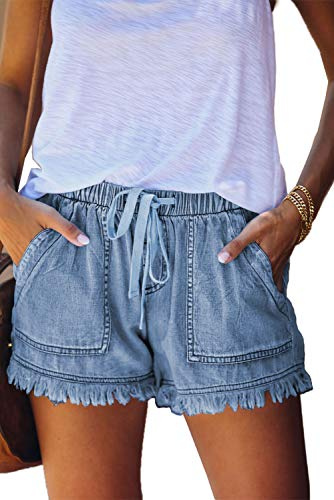 HVEPUO Short d'été, large, pour femmes, en coton et lin, avec ceinture élastique