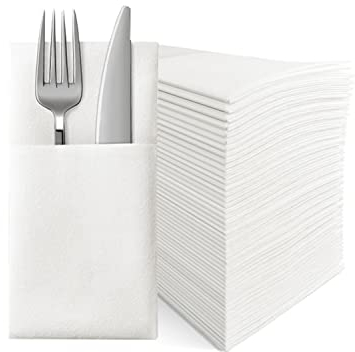 JINYUDOME Servilletas de cena desechables, sensación de lino con bolsillo integrado para cubiertos, tamaño perfecto para fiestas, bodas o eventos, 100 unidades