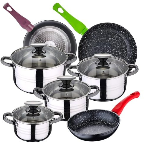 San Ignacio Bateria de cocina 8 piezas Dina, acero inoxidable, con juego sartenes (18/22/26 cm) Jolie de aluminio forjado, Negro/Plateado