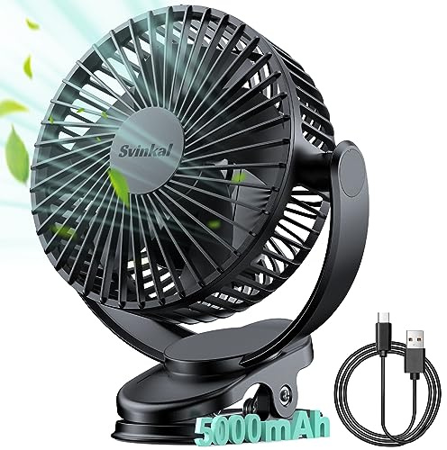 Svinkal USB Personal Clip on Fan 5000mAh Battery Operated 6in, Type C, 3 Speed, 720° adjustment, Small Portable Fan for Table, Bedroom, Desk, dormitory, Camping, Stroller, Golf Cart