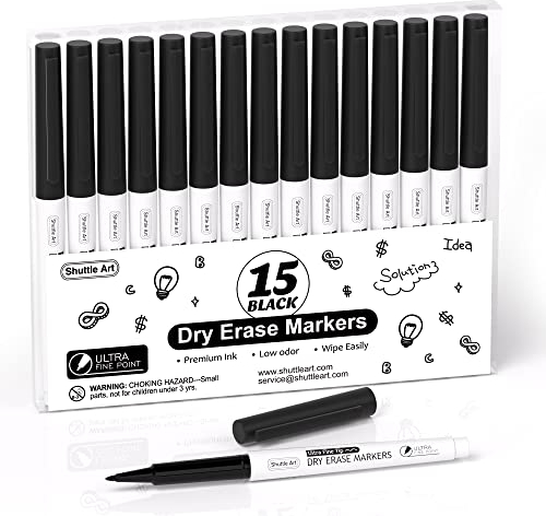 Shuttle Art Whiteboard Stifte, 15 Stück schwarze mit 0,7 mm ultrafeine Spitze, ungiftig, whiteboard stifte abwischbar, Schreiben auf Weißwand, Planer für Schule, Büro, Zuhause
