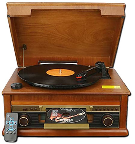 Tourne-disque rétro vintage en bois 7 en 1, disque vinyle gramophone vintage classique, avec haut-parleurs et Bluetooth, vinyle 3 vitesses avec lecteur CD, radio FM, lecture de disque U MP3, entrée AU