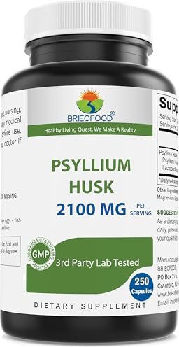 Brieofood Psyllium Husk Fiber Supplement with Lactobaciilus Acidophillus (La-14) - 2100mg per Serving - 250 Capsules - Helps Support Digestion, INTESTINAL Health & Regularity