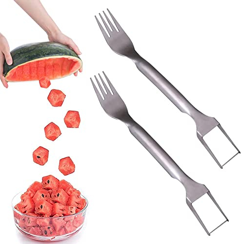 2 in 1 Watermelon Fork Slicer Cutter, Stainless Steel Watermelon Cutter Slicer Tool Quickly Safe Cube Watermelon Knife, Fruit Forks Slicer Salad Melon Knife for Kitchen Gadget (2Pcs)