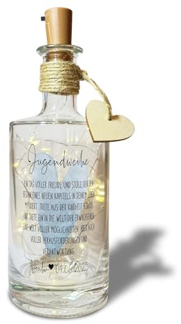 Yuweli Flaschenlicht zur Jugendweihe personalisiert mit Namen und Datum für Mädchen oder Junge Geschenk LED Deko (Herz Blau)