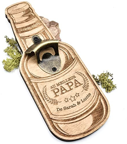 Grand décapsuleur mural personnalisé en bois en forme de bouteille de bière, à offrir pour la fête des pères, idée cadeau, prénom et textes au choix