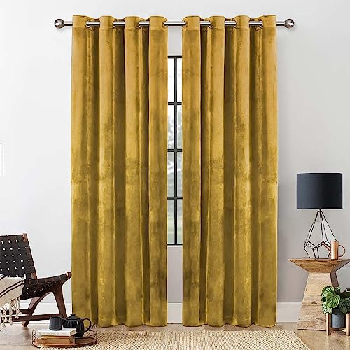 Yorkshire Bedding Ochre Curtains 90x90 for Bedroom and Living Room – Super Soft Crushed Velvet Thermal Insulated Curtains – Eyelet Room Darkening with 2 Tie Backs – (228cm x 228cm)