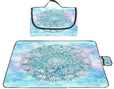 Picknickdecke Wasserdicht 200x300cm,Große Faltbare Tragbare Strandunterlage Picknickdecke,Ultraschall-Punktbügelprozess,Maschinenwaschbar Mehrzweck für Camping,Wandern,Park,Strand,Hellblaues Mandala
