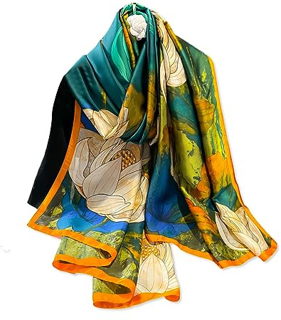 LumiSyne Foulard En Soie Femme Imprimé Fleur Colorée Motif Peinture à l'Huile Artistique Foulard En Satin Longue Châle De Protection Solaire Écharpe Étole Légère Chaude Toutes Les Saisons