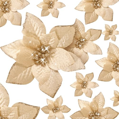 Cindeer 36 Stück 3 Größen Weihnachtsbaum Blumenschmuck Künstliche Weihnachtsstern Blumen Glitzer Weihnachtsblumen mit Clips für Weihnachten Neujahr Hochzeit, 10 cm, 15 cm und 22 cm (Champagner)