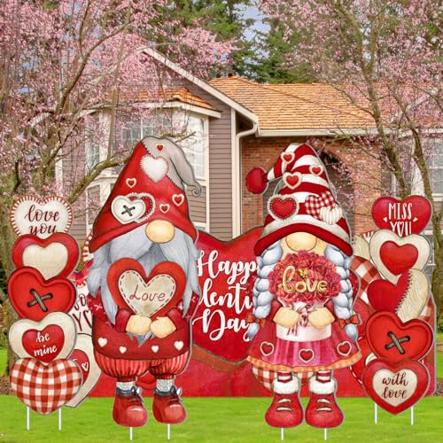 Wenqik 5 Pcs Valentine's Day Yard Signs Outdoor Valentines Decorations Large Gnomes Red Heart Lawn Sign with Stakes Valentine Yard Decor for Garden Home Pathway Wedding Anniversary Party Supplies