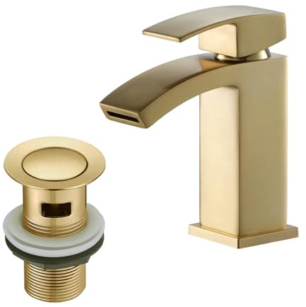BATHWEST Quadratische Waschtischarmatur mit Zugstangen-Ablaufgarnitur, gebürstetes Gold, Monoblock-Messing, Badezimmerarmaturen mit Ablaufgarnitur, 322 MP