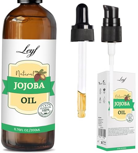 Leyf Olio di jojoba biologico 200 ml, 100% puro, vegano, corpo, capelli, viso, unghie, bottiglia di vetro + pipetta di vetro + pompa, idratante, dispenser di cibo, olio per il corpo rassodante
