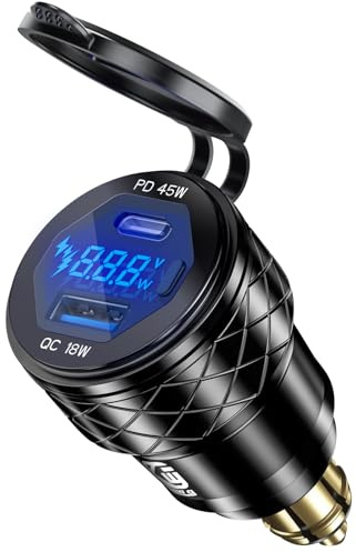 Din Hella Stecker auf USB Ladegerät Adapter: 45W USB C PD3.0 & 18W QC3.0 Motorrad Ladegerät Steckdose für 12V-24V BMW Triumph Tiger Ducati, Wasserdicht Dual Phone Schnellladeanschluss Powerlet mit LED