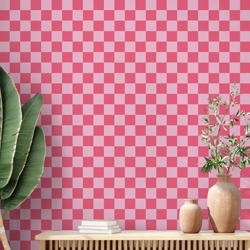 Drydiet Hot Pink Checkered Peel and Stick Wallpaper Gingham Plaid Funky Checkered Contact Paper Waterproof Vintage Wallpaper Checkerboard Decor for Bathroom Cabinet(15.75'' x 118)
