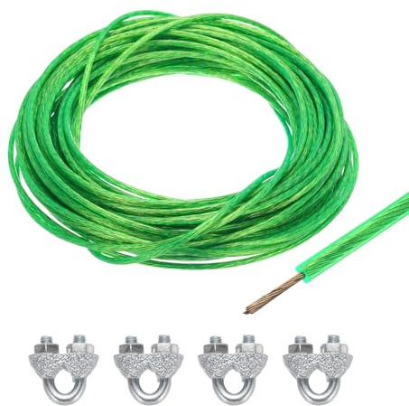 sourcing map 3mm (1/8 inch) Green Vinyl Coated Wire Ropes, 15m /49ft Galvanized Steel Cable Wire Rope with 4PCS M3 Loop Sleeves for String Light Hanging, Deck Railing, Garden Wire