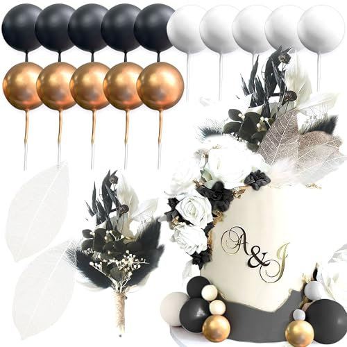 JeVenis Black & Gold Boho Cake Decorations: Floral Cake Topper with Flowers - Perfect for Wedding, Baby Shower & Birthday Party