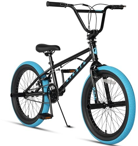 AVASTA 20 Tums Freestyle BMX Cykel Storbarns Tonåringar Cykel för 6 7 8 9 10 11 12 13 14 Åringar Pojkar Flickor Ungdom Vuxen och Nybörjarcyklister med 4 Pinnar, 360-Graders Gyro, Svart med Blå Däck