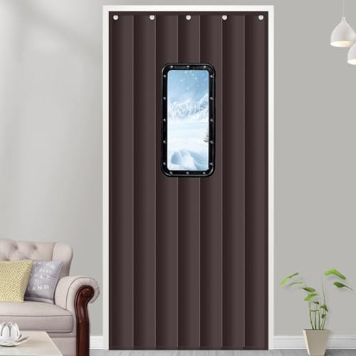 Insulated Door Cover Curtain for Soundproofing and Weatherproofing Attic Door Insulation with Viewing Window Brown 120cm x 240cm