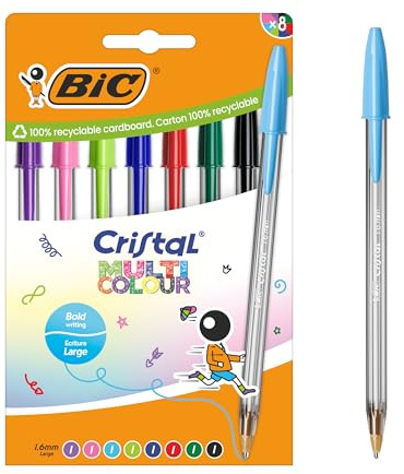 BIC Cristal Multicolour Stylos-bille Pointe Large (1,6 mm) - Encres classiques et fantaisie de couleurs assorties, pack de 8