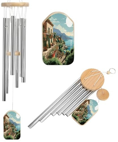 Windspiel für draußen, mediterraner Sommer, bedruckt, beruhigende melodische Töne, Windspiele für draußen, Terrasse, Haus oder Garten, Dekoration, 52,1 cm, 6 Aluminium-Legierungs-Metallrohre