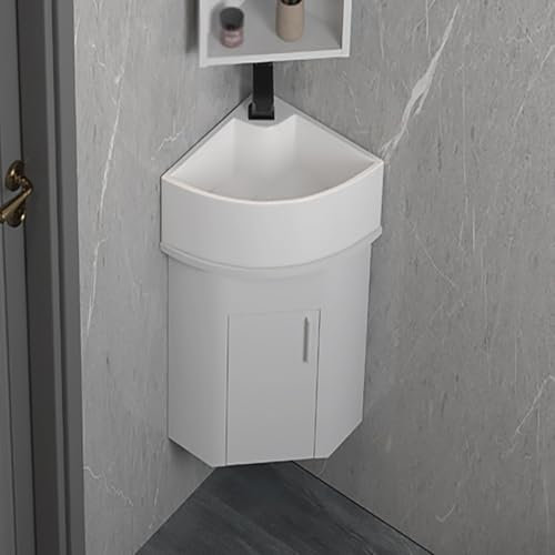 Moderno piccolo mobile da bagno ad angolo con lavandino e contenitore, montaggio a parete, mobiletto sospeso per bagno di casa, lavabo stretto con lavello in ceramica e rubinetto, design salvaspazio