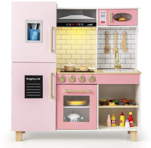 COSTWAY Kids Play Kitchen, Wooden Pretend Toy Kitchen with Realistic Lights & Sounds, Range Hood, Chalkboard, Sink, Faucet, Children's Chef Role Play Set for Boys Girls (Pink)